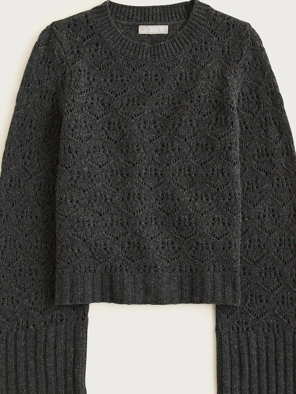 J.Crew new Wide-sleeve pointelle crewneck sweater merino wool charcoal gray NWT